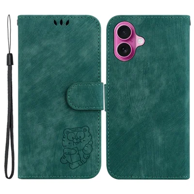 For iPhone 16 Plus Stand Case Cute Tiger Imprint Leather Wallet Phone Cover - Green