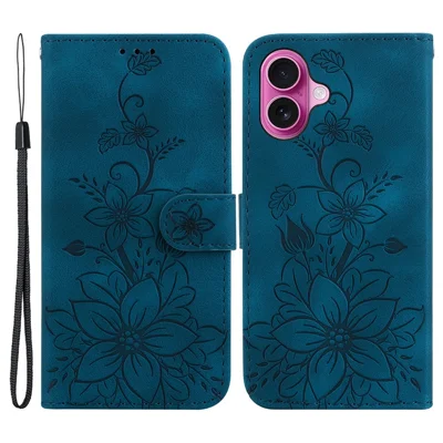 For iPhone 16 Plus Wallet Case PU Leather Phone Cover Flower Imprinted - Dark Blue