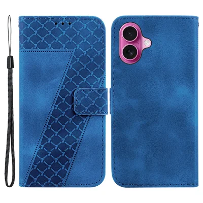 For iPhone 16 Plus Case 7-Shaped Pattern Leather Shockproof Phone Cover - Dark Blue