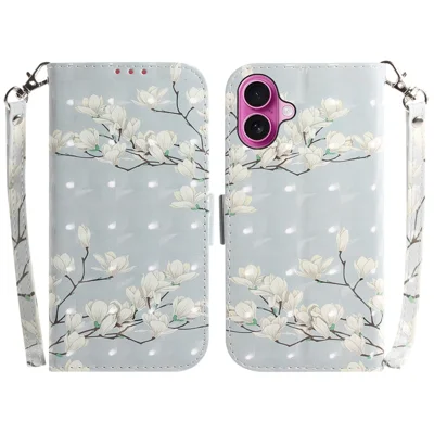 For iPhone 16 Plus Wallet Case 3D Pattern Print Leather Phone Cover - Magnolia