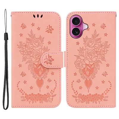 Portemonnee hoes voor iPhone 16 Plus, PU lederen telefoonhoes met vlinder- en bloemenprint - Roze