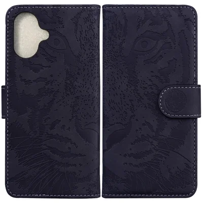 For iPhone 16 Case Tiger Imprint Leather Shockproof Wallet Phone Cover - Black