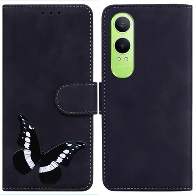 For OnePlus Nord CE4 Lite 5G / Oppo K12x 5G (China) Phone Case Butterfly Printed PU Leather Stand Phone Cover - Black