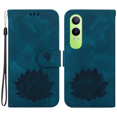 For OnePlus Nord CE4 Lite 5G / Oppo K12x 5G (China) Phone Case Lotus Imprint Leather Stand Wallet Cover - Blue