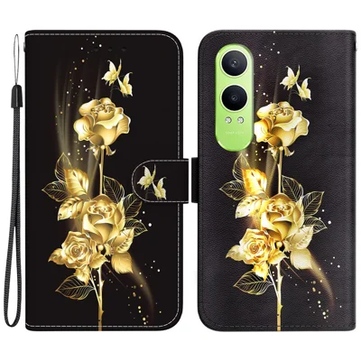 For OnePlus Nord CE4 Lite 5G / Oppo K12x 5G (China) Phone Case Pattern Print Leather Wallet Cover - Gold Butterfly Rose