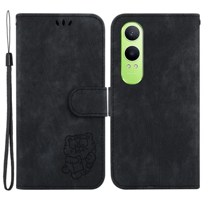 For OnePlus Nord CE4 Lite 5G / Oppo K12x 5G (China) Stand Case Cute Tiger Imprint Leather Wallet Phone Cover - Black