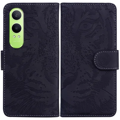 For OnePlus Nord CE4 Lite 5G / Oppo K12x 5G (China) Case Tiger Imprint Leather Shockproof Wallet Phone Cover - Black