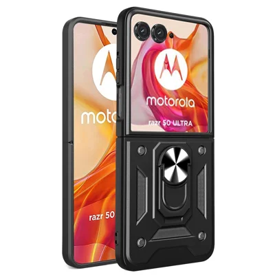 For Motorola Razr 50 Ultra 5G Kickstand Case PC+TPU Phone Shell with Slide Camera Lid - Black