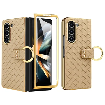 For Samsung Galaxy Z Fold5 5G Case Woven Texture Leather+PC Phone Cover with Back Screen Film - Gold