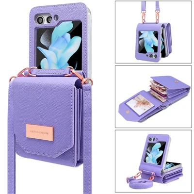 For Samsung Galaxy Z Flip5 5G Case Card Bag Kickstand PU Leather PC Phone Cover with Strap - Purple