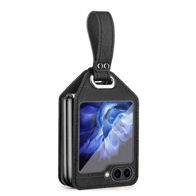 For Samsung Galaxy Z Flip5 5G Case Rhombus Texture Leather+PC Phone Cover Strap Kickstand - Black