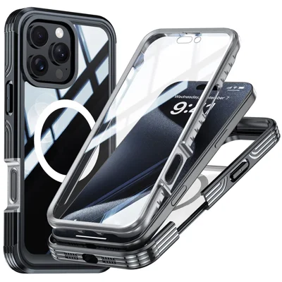 For iPhone 16 Pro Magnetic Case PC + TPU Full Protection Phone Cover with Screen Film - Black / Grey