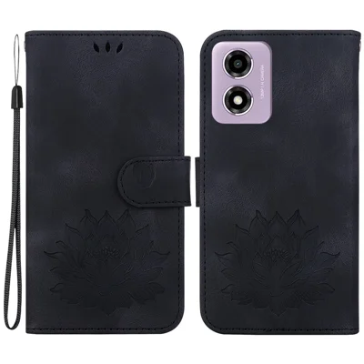 For Motorola Moto G04s 4G / E14 4G Wallet Phone Case Lotus Imprint Leather Stand Cover - Black
