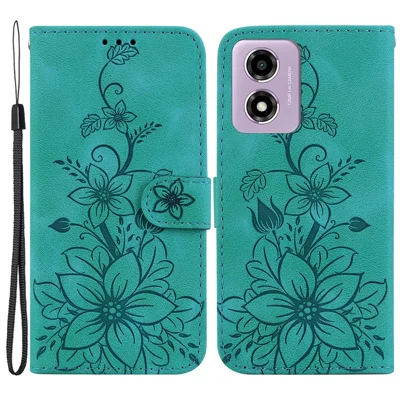 For Motorola Moto G04s 4G / E14 4G Case Lily Flower Imprint Leather Phone Cover with Stand - Green
