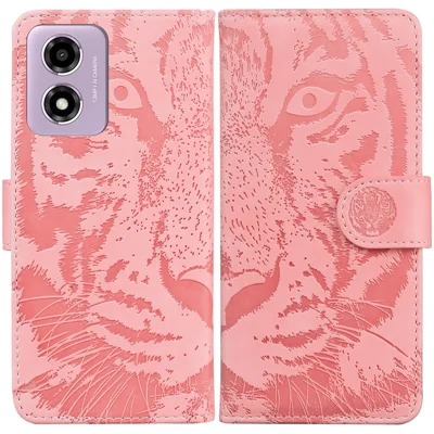 For Motorola Moto G04s 4G / E14 4G Case Tiger Imprint Leather Shockproof Wallet Phone Cover - Pink