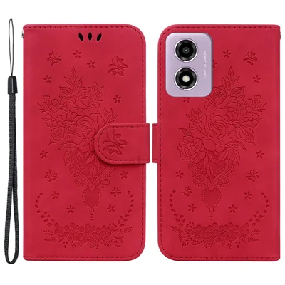 For Motorola Moto G04s 4G / E14 4G Wallet Case PU Leather Phone Cover Butterfly Flower Imprint - Red