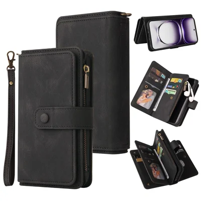 For Oppo Reno12 5G (Global) Zipper Wallet Case with 15 Card Slots and Strap Leather Phone Cover - Black