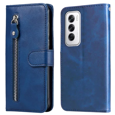 For Oppo Reno12 5G (Global) Case Zipper Pocket Leather Phone Stand Cover - Blue