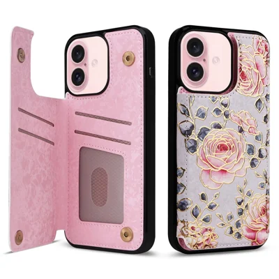 Til iPhone 16 Case Blomster Læder+TPU Telefonbeskyttelse med RFID-blokerende Kortplads - Rose