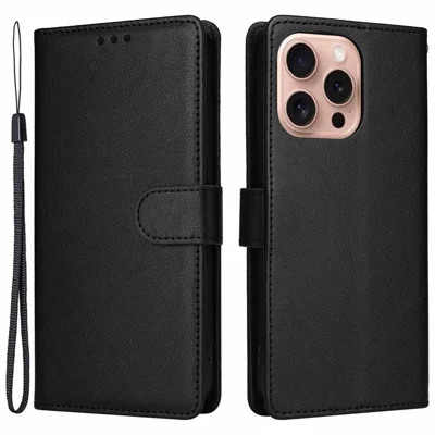 For iPhone 16 Pro Wallet Case 3 Card Slots Slim-Fit PU Leather Stand Phone Cover - Black