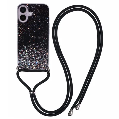 AW Series For iPhone 16 Plus Case Soft TPU Sparkle Epoxy Phone Cover with Lanyard - Black