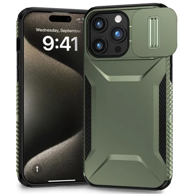 For iPhone 15 Pro Max Case Slide Camera Protection TPU+PC Non-Slip Protective Cover - Green