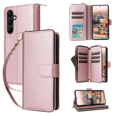 R20 For Samsung Galaxy A24 4G (162.1 x 77.6 x 8.3mm) Case Zipper Leather Flip Phone Cover - Rose Gold