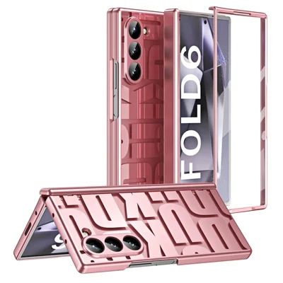 For Samsung Galaxy Z Fold6 5G Case Electroplating PC Phone Cover with Tempered Glass Film - Rose Gold