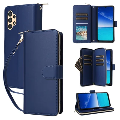 R20 For Samsung Galaxy A13 5G / 4G / A04 4G / A04s 4G / M13 5G Case Zipper Leather Phone Cover - Blue