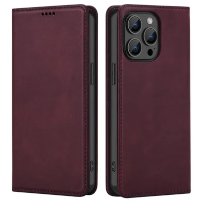 For iPhone 15 Pro Max Case RFID Blocking Wallet PU Leather Flip Phone Cover - Wine Red
