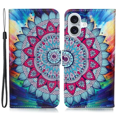 Voor iPhone 16 Plus hoesje met patroon, opklapbaar leren telefoonhoesje met riem - Mandala bloem