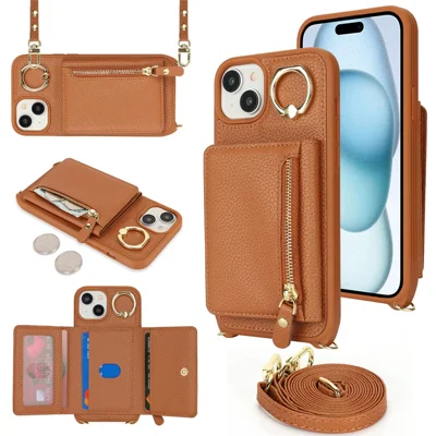 For iPhone 15 Case PU Leather+TPU Phone Cover with Ring Zipper Pocket Card Holder - Brown