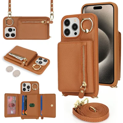 För iPhone 15 Pro Skal med Ficka för Pengar och Kort Läder+TPU Hållare med Ringstativ - Brun