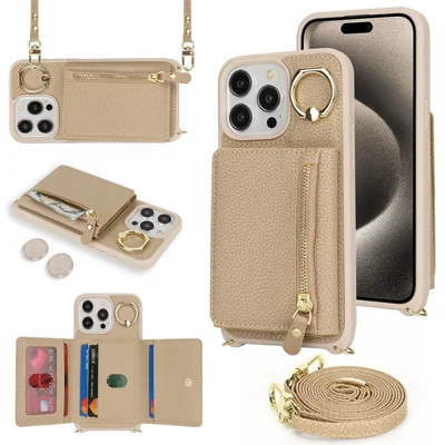 For iPhone 14 Pro Case Card Bag Ring Kickstand PU Leather+TPU Phone Cover with Shoulder Strap - Beige