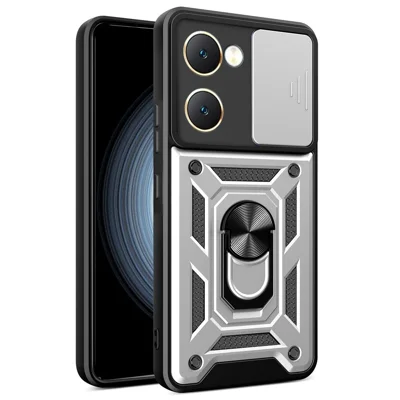 For vivo Y03 Mobile Phone Case PC+TPU Kickstand Shell with Slide Camera Lid - Silver