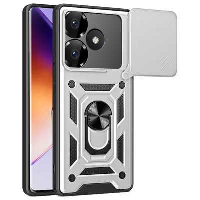 For Xiaomi Redmi Turbo 3 5G / Poco F6 5G PC+TPU Kickstand Phone Case with Slide Camera Lid - Silver