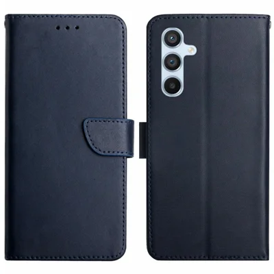 HT02 For Samsung Galaxy M35 5G Case Genuine Cow Leather Flip Wallet Phone Cover - Blue