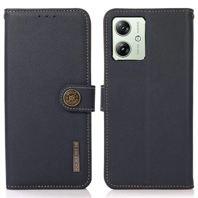 KHAZNEH For Motorola Moto G64 5G Case Genuine Cow Leather RFID Blocking Wallet Phone Cover - Blue