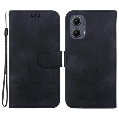 For Motorola Edge (2024) 5G Wallet Phone Case Lotus Imprint Leather Stand Cover - Black