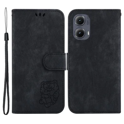 For Motorola Edge (2024) 5G Stand Case Cute Tiger Imprint Leather Wallet Phone Cover - Black