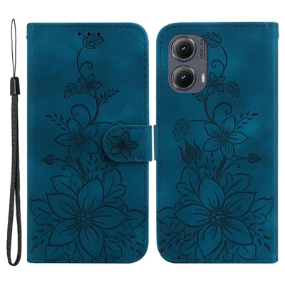 For Motorola Edge (2024) 5G Stand Case Lily Flower Imprint Leather Phone Cover - Dark Blue