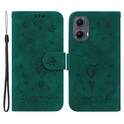 For Motorola Edge (2024) 5G Wallet Case PU Leather Phone Cover Butterfly Flower Imprint - Green