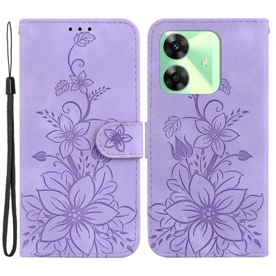 For Realme Note 60x 4G / C63 4G / C61 4G / Narzo N63 4G Stand Case Lily Flower Imprint Leather Phone Cover - Purple