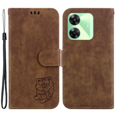 For Realme Note 60x 4G / C63 4G / C61 4G / Narzo N63 4G Stand Case Cute Tiger Imprint Leather Wallet Phone Cover - Brown