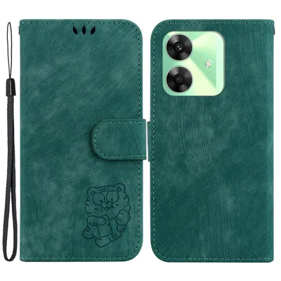 For Realme Note 60x 4G / C63 4G / C61 4G / Narzo N63 4G Stand Case Cute Tiger Imprint Leather Wallet Phone Cover - Green