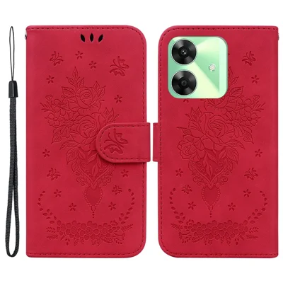 For Realme Note 60x 4G / C63 4G / C61 4G / Narzo N63 4G Wallet Case PU Leather Phone Cover Butterfly Flower Imprint - Red
