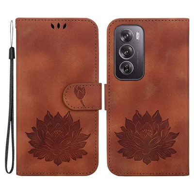 For Oppo Reno12 Pro 5G (Global) Stand Case Lotus Imprint Leather Wallet Phone Cover - Brown