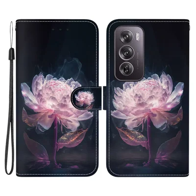 غطاء محفظة لهاتف Oppo Reno12 Pro 5G (عالمي) بطبعة جلد مع تصميم - زهرة البيلسان البنفسجية