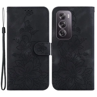 For Oppo Reno12 Pro 5G (Global) Stand Case Lily Flower Imprint Leather Phone Cover - Black