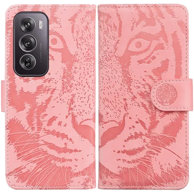 For Oppo Reno12 Pro 5G (Global) Phone Case Tiger Imprint Leather Wallet Cover - Pink